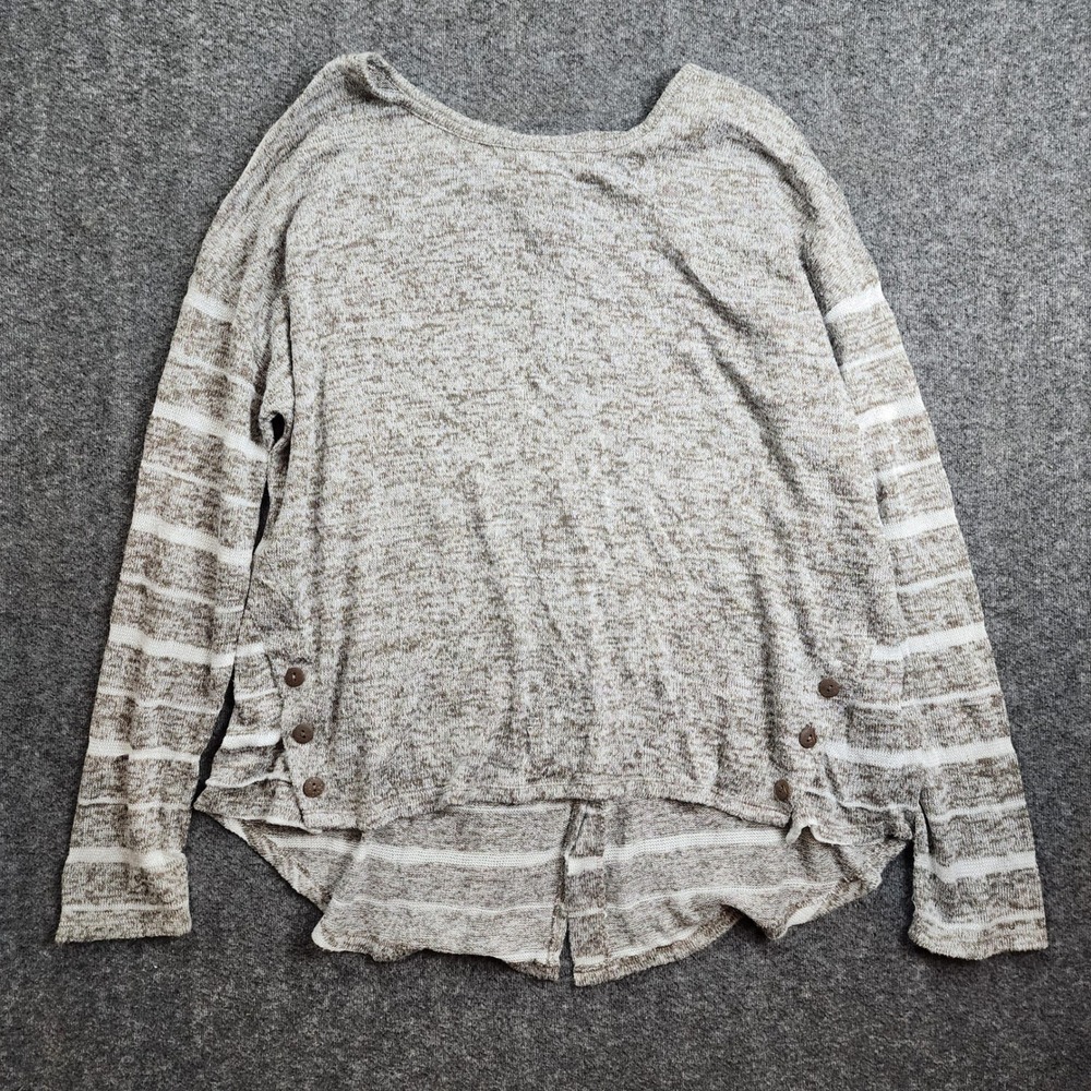 Cato Knit Top Women XL Brown White Striped Button Back Elbow Patch Relaxed